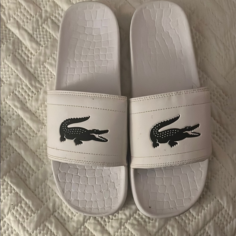 Lacoste White Slides with Crocodile Logo